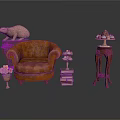 Vintage Brown Leather Armchair Interior With Stacked Books Small Lamp Pink Flower Vase And Sculptures