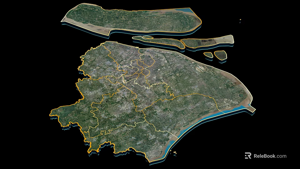 Satellite Image of Regional Area Showing Coastline Boundary Lines Terrain and Road Network 3d model 
