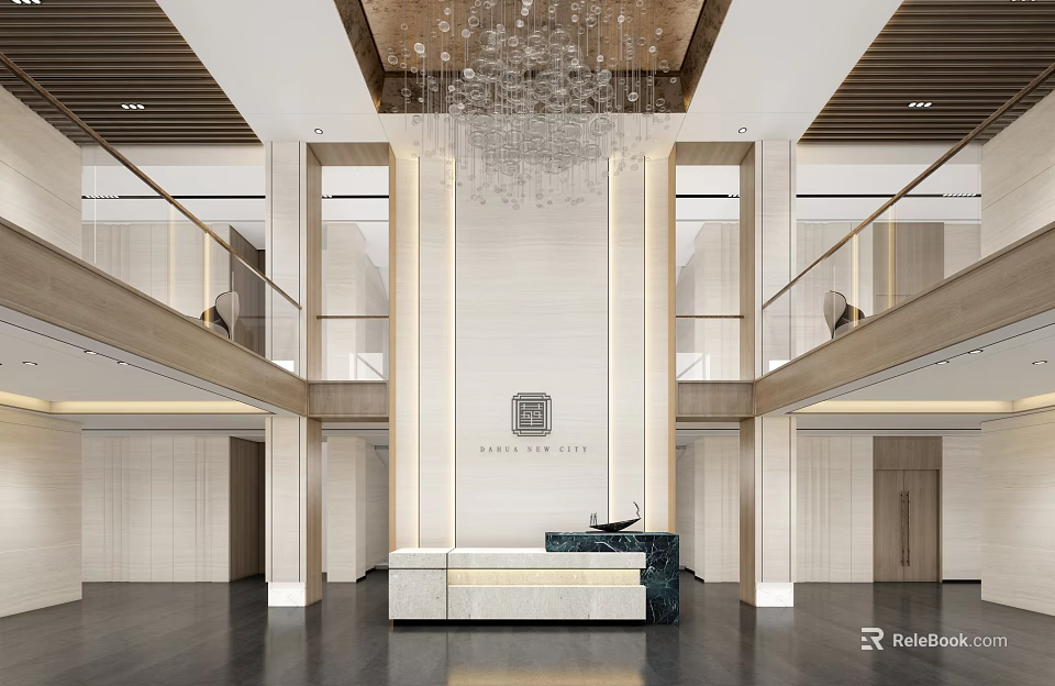 Elegant Modern Reception Desk In Spacious Double Height Lobby With Marble Top And Crystal Chandelier 3d model 