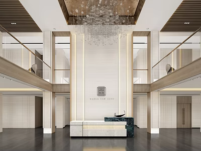 Elegant Modern Reception Desk In Spacious Double Height Lobby With Marble Top And Crystal Chandelier 3d model
