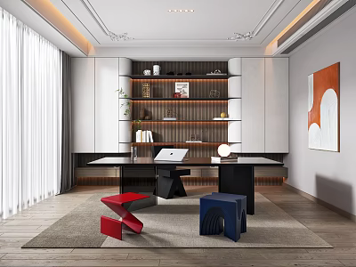 Modern Study Room Interior With Built in Bookshelf Wooden Desk Laptop Artwork And Window Curtains 3d model
