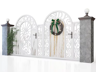 White Wrought Iron Gate With Arched Design Ornate Carvings Green Wreath And Stone Pillars 3d model