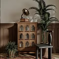 Classic Wooden Decorative Cabinet with Gramophone and Potted Plants Near Wooden Wall