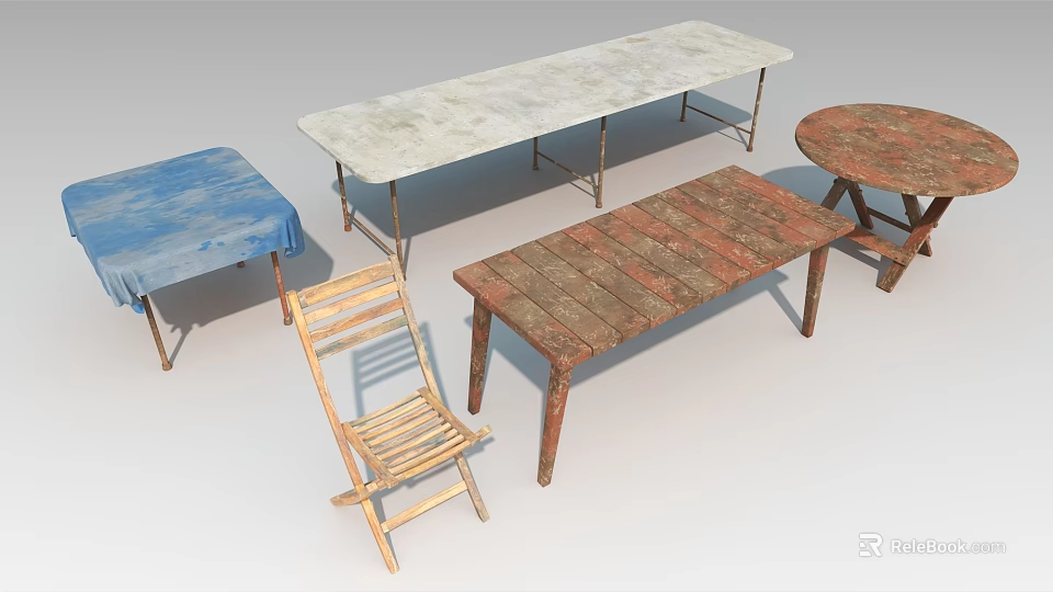 Vintage Wooden Table and Chair Set With Diverse Tabletop Shapes and Styles 3d model 