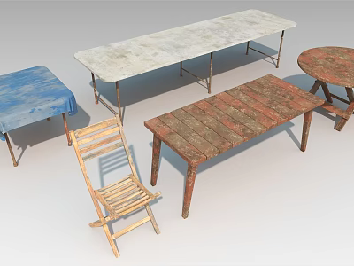 Vintage Wooden Table and Chair Set With Diverse Tabletop Shapes and Styles 3d model