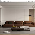 Modern Living Room Interior With Brown Sofa White Walls Fireplace Floor Lamp And Coffee Table