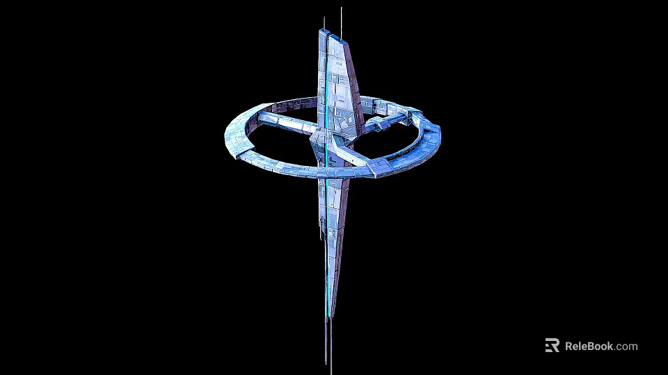 Cartoon Sci Fi Scene With Futuristic Circular Ring And Metallic Spire Geometric Design 3d model