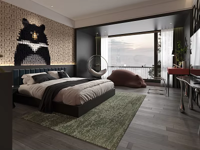 Modern Hotel Guest Room Interior With Comfortable Bed Decorative Wall And Large Window View 3d model