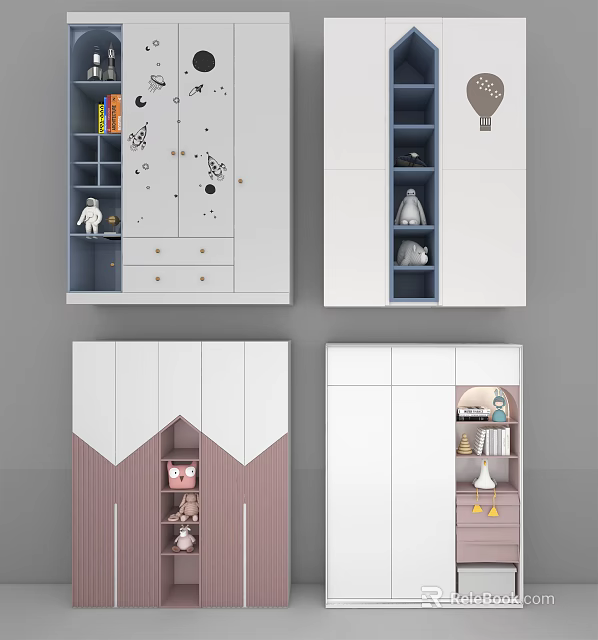 Modern Kids Wardrobe with Starry Sky Pattern Drawers Hanging Area and Storage Shelves 3d model 