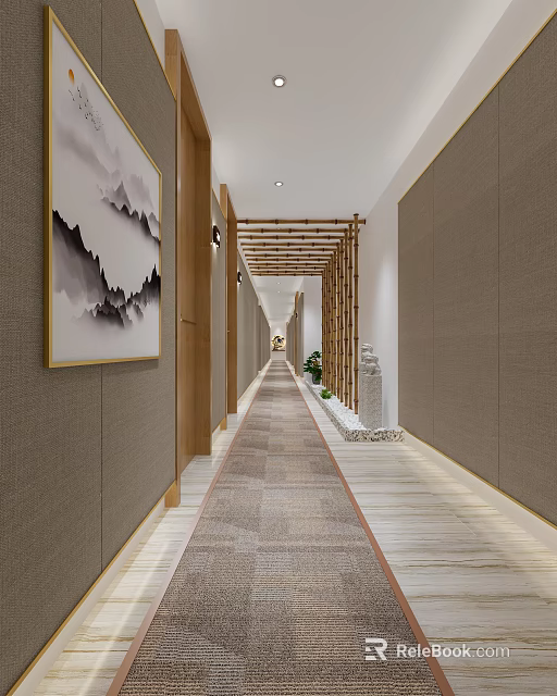 Elegant Hotel Corridor With Wooden Lattice Landscape Painting Green Plants And Stone Statue 3d model 