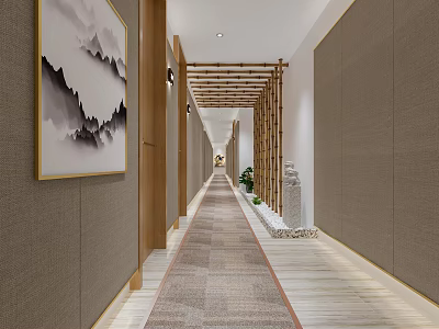 Elegant Hotel Corridor With Wooden Lattice Landscape Painting Green Plants And Stone Statue 3d model