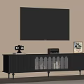 Modern Dark Gray TV Stand With Mounted TV Clock And Decorative Items