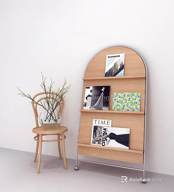 Arc Shaped Wooden Bookshelf With Wooden Chair Potted Plants And TIME Magazine 3d model 