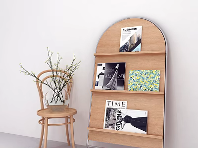 Arc Shaped Wooden Bookshelf With Wooden Chair Potted Plants And TIME Magazine 3d model
