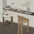 Modern Bar Stools With White Wool And Woven Seats On Wooden Counter With Coffee Cup