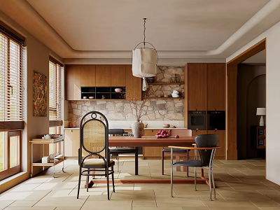 Modern Restaurant Interior With Open Kitchen Design Dining Table Chairs And Pendant Light 3d model