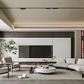 Modern Living Room Interior With TV Wall Sofa Fireplace Plant And Coffee Table