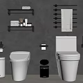 Modern Bathroom With Two White Toilets Gray Wall Shelves Towel Rack And Accessories