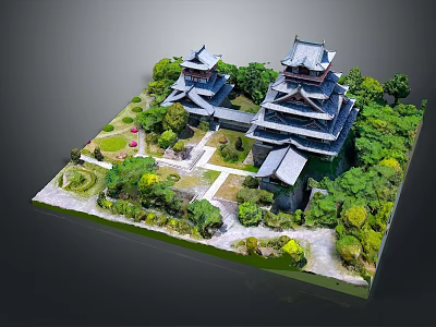 Ancient Architecture with Multi Tiered Towers Curved Eaves Surrounded by Lush Greenery and Garden Paths 3d model