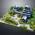 Ancient Architecture with Multi Tiered Towers Curved Eaves Surrounded by Lush Greenery and Garden Paths