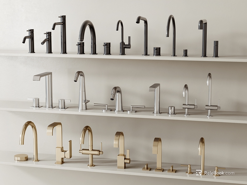 Various Kitchen Bathroom Faucet Styles Black Silver Gold on White Display Shelves 3d model 