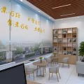 Bright Spacious School Public Lounge Space With Wooden Display Shelf Round Tables And Cozy Seats
