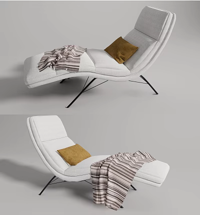 White Modern Lounge Chair With Brown Pillow And Striped Throw On Metal Legs 3d model