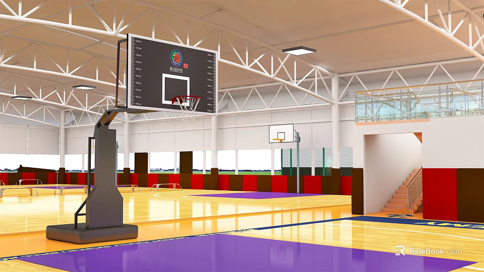 Indoor Modern Basketball Gym With Colorful Floor Bleachers And Ceiling Lights 3d model 