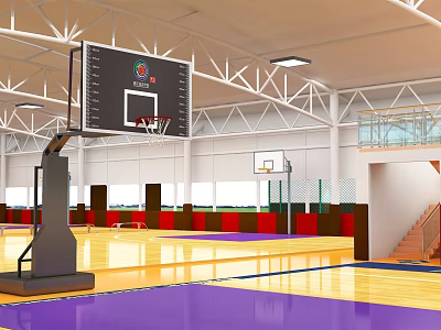 Indoor Modern Basketball Gym With Colorful Floor Bleachers And Ceiling Lights 3d model