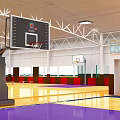 Indoor Modern Basketball Gym With Colorful Floor Bleachers And Ceiling Lights