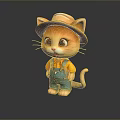 Cute Cartoon Cat Character With Big Eyes Wearing Orange Hat And Blue Overalls