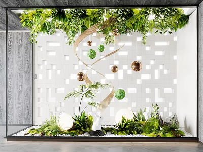 Modern Indoor Garden Decor With Green Plants Spiral Design Hanging Balls And White Tile Wall 3d model