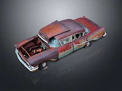Old Rusty Vintage Car With Open Hood And Exposed Engine Parts 3d model