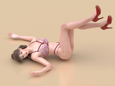 Woman Lying on Beige Floor Wearing Pink Lace Lingerie and Red High Heels 3d model