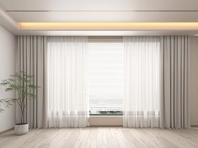 Modern Room Interior With Sheer Curtains Gray Drapes Window Blinds Potted Plant And Wooden Floor 3d model