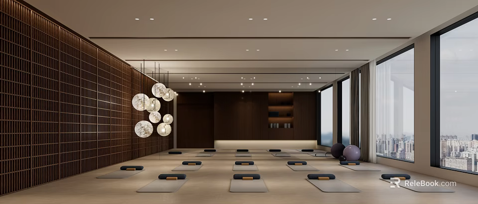 Spacious Yoga Studio With Neat Yoga Mats Wooden Decor Round Pendant Lights And Yoga Balls 3d model 