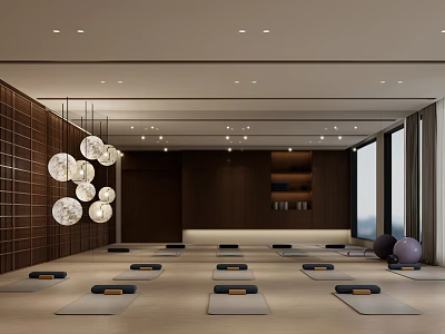 Spacious Yoga Studio With Neat Yoga Mats Wooden Decor Round Pendant Lights And Yoga Balls 3d model