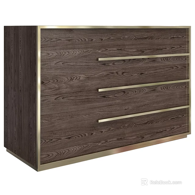 Modern Dark Brown Wood Grain Entryway Console Cabinet With Gold Frame And Drawers Design 3d model 