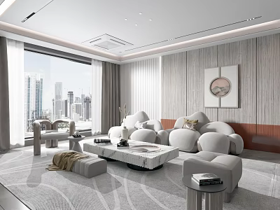 Modern Living Room Interior Design With Large Windows City View Sofa And Wall Art 3d model