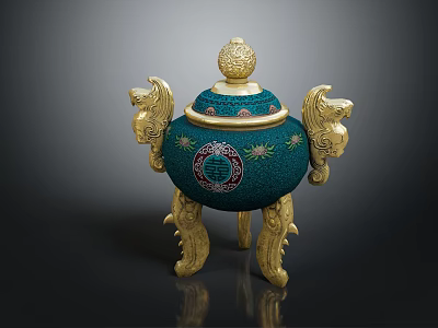 Traditional Turquoise Ornament Decoration Set With Golden Dragon Ears Patterned Lid And Three Legged Base 3d model
