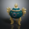 Traditional Turquoise Ornament Decoration Set With Golden Dragon Ears Patterned Lid And Three Legged Base