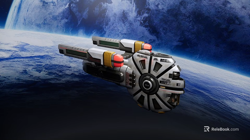 Futuristic Spaceship With Metallic Design Orbiting Earth In Cosmic Starry Sky 3d model 