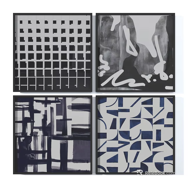 Abstract Art Prints Wall Decor With Black White Blue Geometric Patterns 3d model