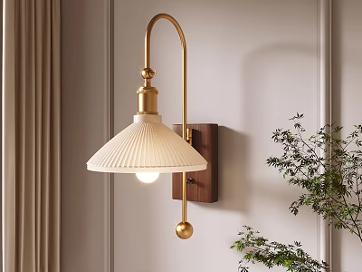 Modern Wall Lamp with White Pleated Lampshade Gold Arm Wooden Base and Plant Near Wall 3d model