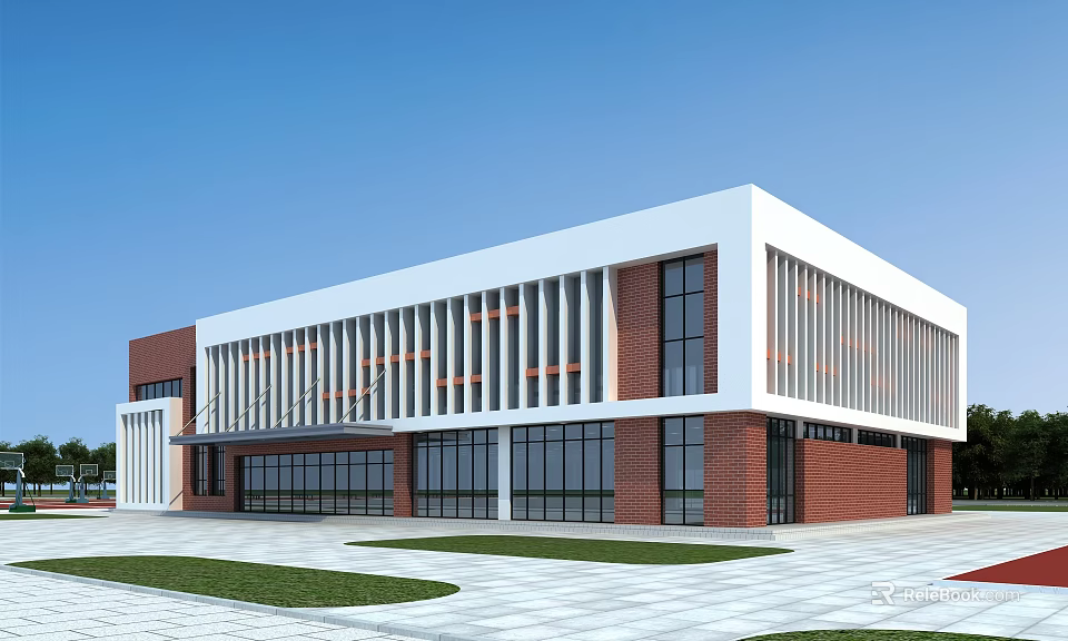 Modern School Building Facade Design With Red Brick White Exterior And Large Glass Windows 3d model 