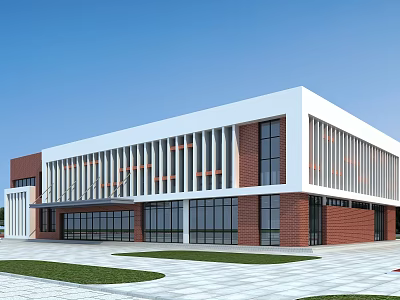 Modern School Building Facade Design With Red Brick White Exterior And Large Glass Windows 3d model