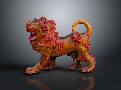 Hand Carved Lion Sculpture With Orange Red Hue Intricate Mane And Curled Tail 3d model