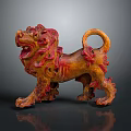 Hand Carved Lion Sculpture With Orange Red Hue Intricate Mane And Curled Tail
