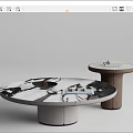 Modern Round Coffee Table With Marble Surface And Brown Base Featuring Magazine And Decorative Items 3d model