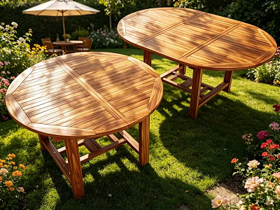 Outdoor Wooden Dining Tables In Garden With Green Lawn Colorful Flowers And Umbrella 3d model